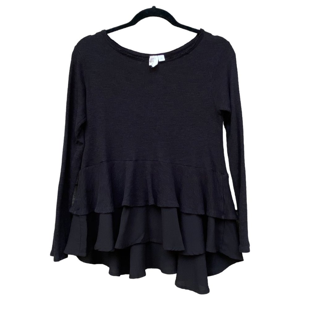 Anthropologie BIRDCAGE Long Sleeve Ruffle Tiered Pull Over Top Black Size M